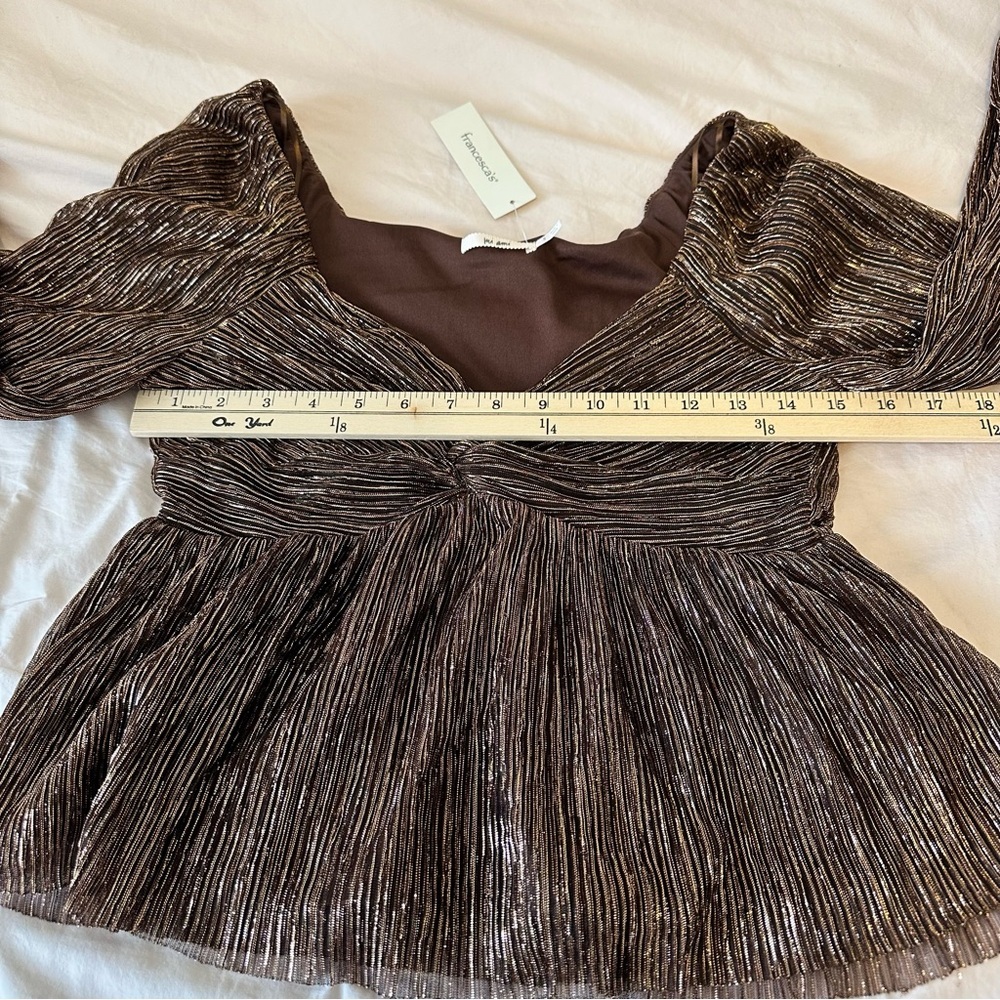 Francesca's Collections Brown Metallic Twist-Peplum Blouse Size S - Picture 7 of 13